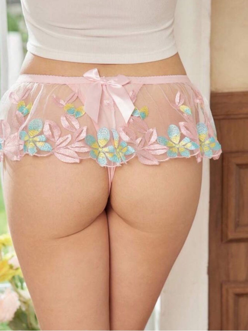 Sheer Pink Floral Embroidered Mini Skirted Thong
